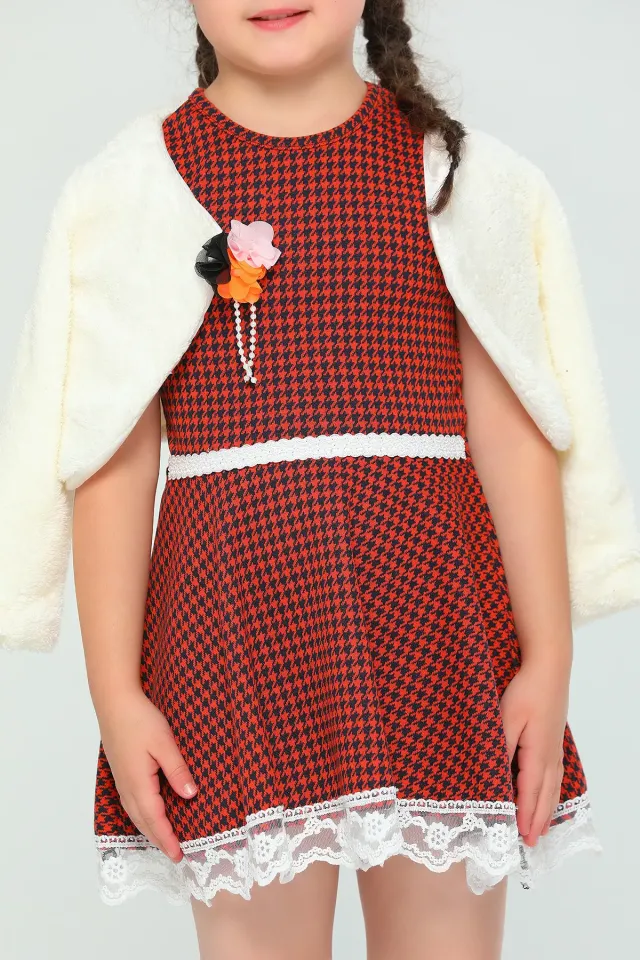 Kız Çocuk Likralı Peluş Hırka Kombinli Desenli Elbise Kremkiremit