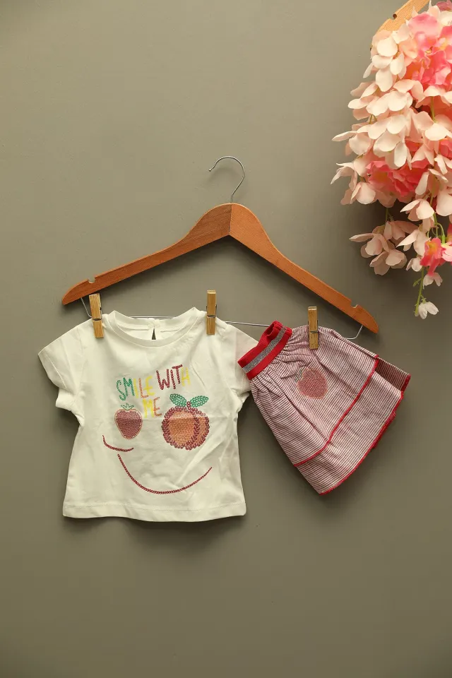 Kız Bebek Bisiklet Yaka Baskılı T-shirt Çizgili Etek İkili Takım Kremkırmızı