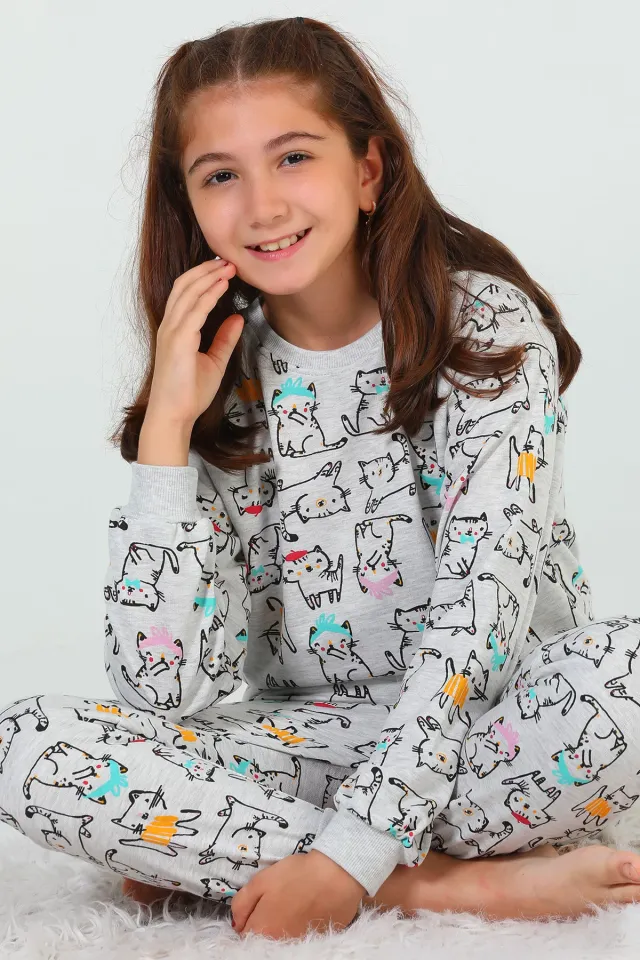 Kız Çocuk Baskılı Pijama Takımı Gri