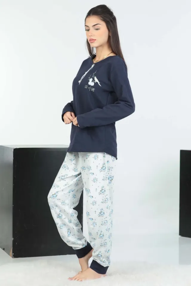 Kadın Ön İşleme Detaylı Çiçek Desenli Pijama Takımı Lacivert
