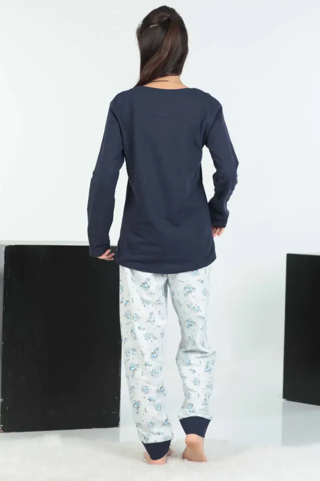 Kadın Ön İşleme Detaylı Çiçek Desenli Pijama Takımı Lacivert