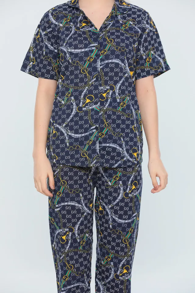 Kadın Önden Düğmeli Kısa Kollu Desenli Pijama Takımı Lacivert