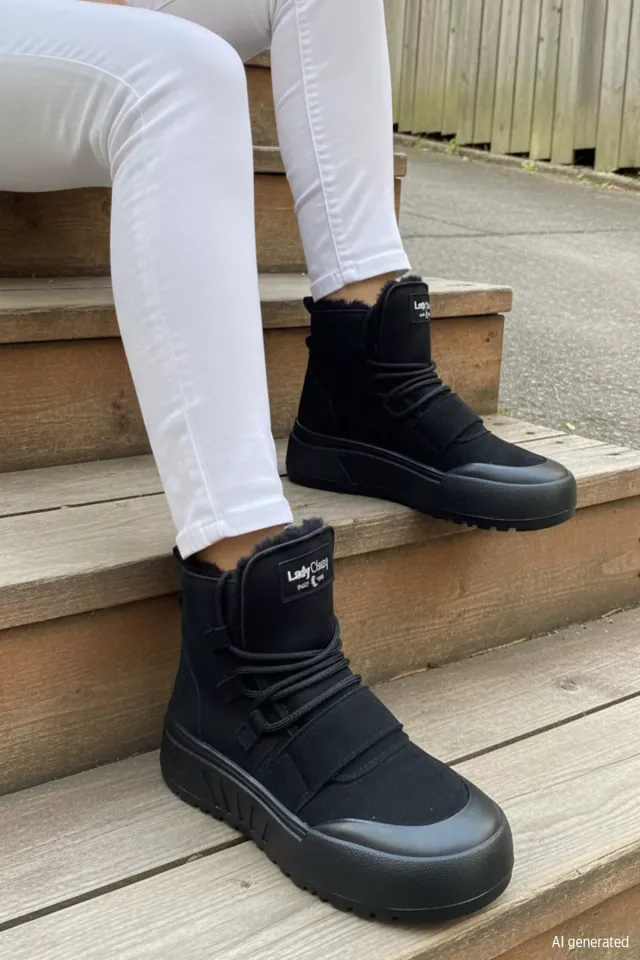 Lady Bağcıklı Kürklü Tarz Bot Siyah