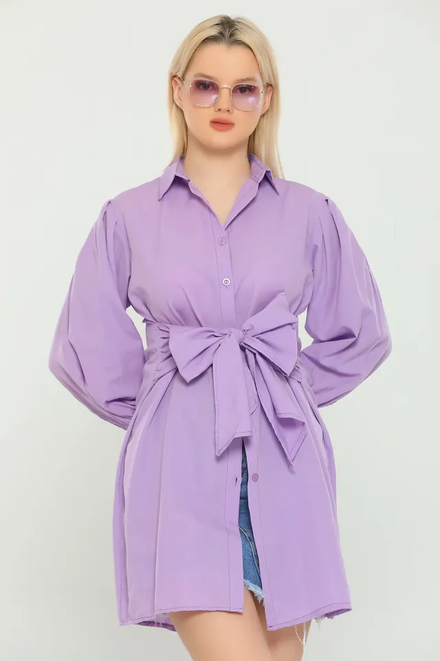 Kadın Balon Kol Geniş Manşetli Gömlek Tunik Lila