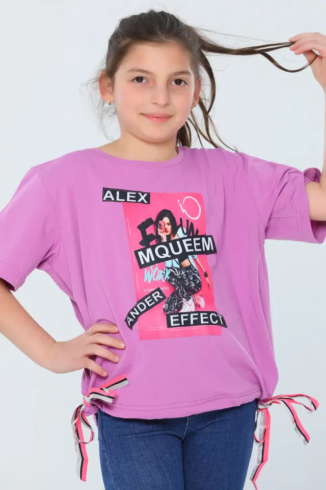 Kız Çocuk Likralı Bisiklet Yaka Bel Detaylı T-shirt Lila