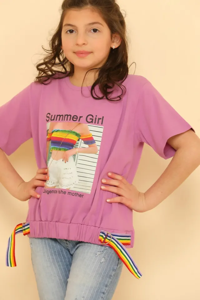 Kız Çocuk Likralı Bisiklet Yaka T-shirt Lila