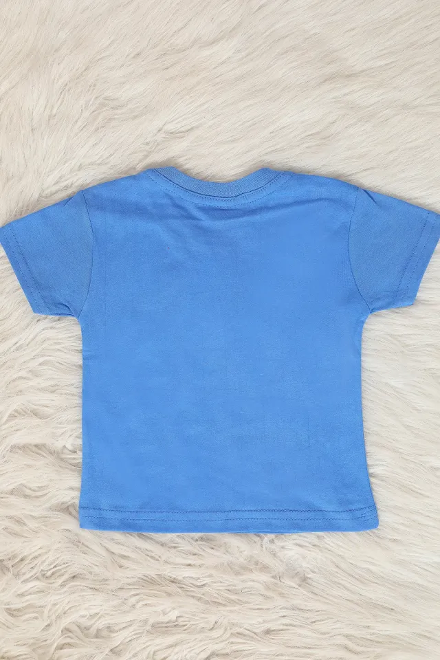 Erkek Çocuk Likralı Bisiklet Yaka Baskılı T-shirt Mavi