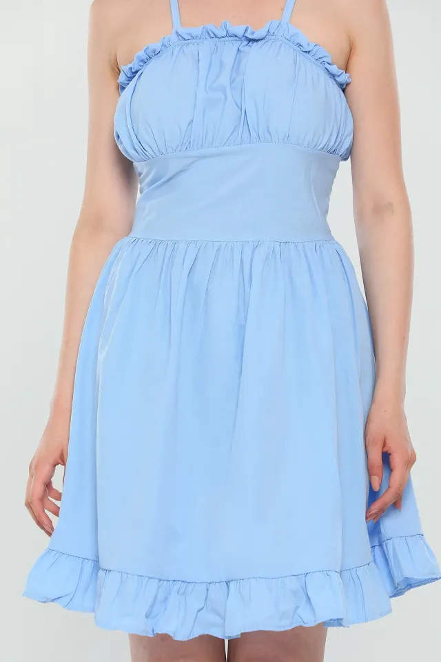 Kadın Ayarlanabilir İp Askılı Eteği Fırfırlı Yazlık Mini Elbise Mavi