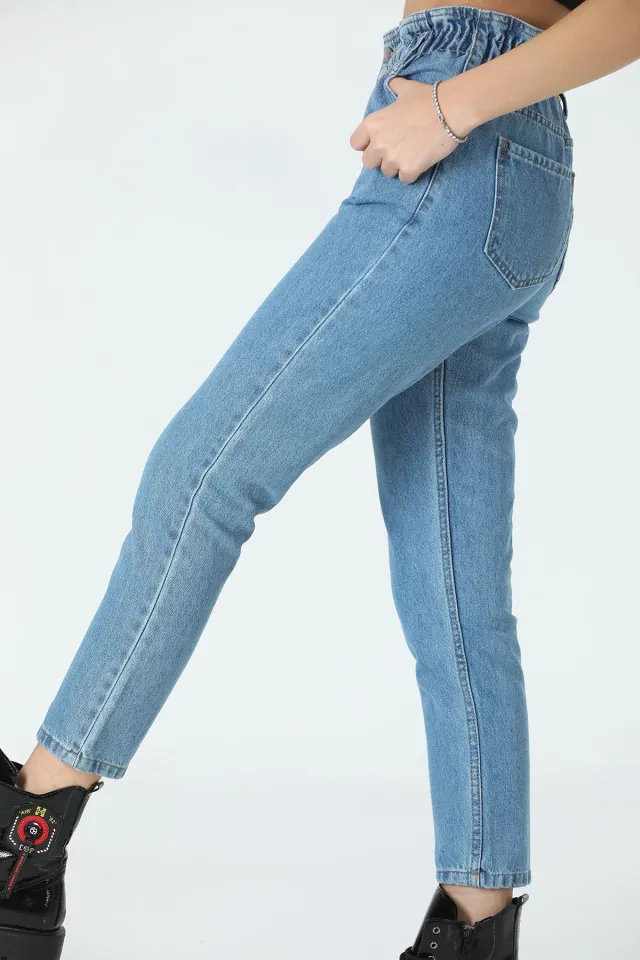 Kadın Beli Büzgülü Mom Jeans Pantolon Mavi