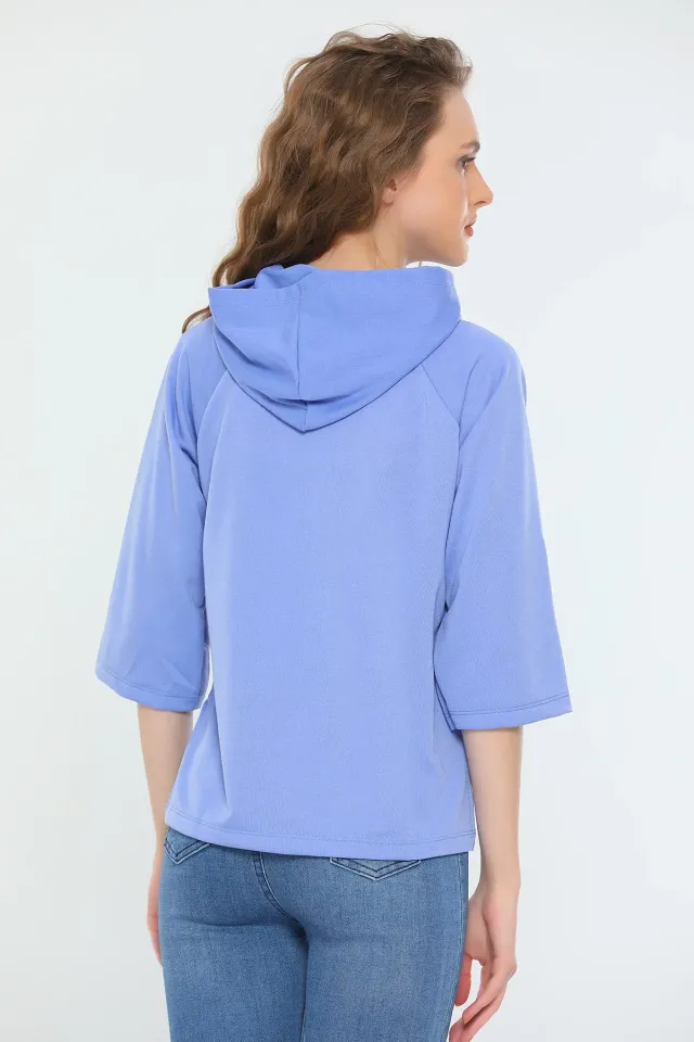Kadın Kapüşonlu Kapri Kol Mevsimlik Spor Sweatshirt Mavi