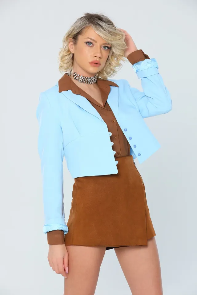 Kadın Kruvaze Yaka İç Astarlı Crop Blazer Ceket Mavi