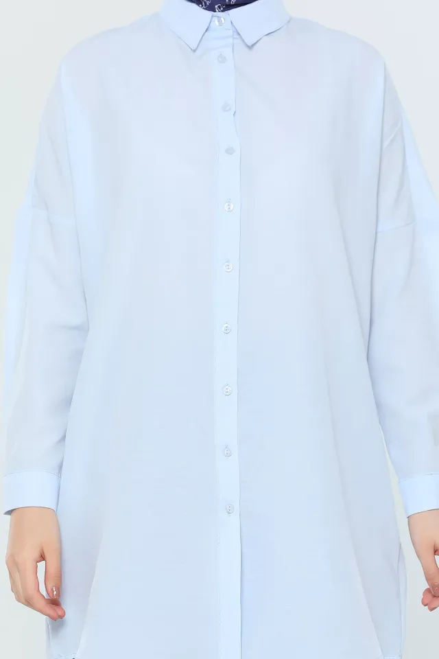 Kadın Modest Oversize Tesettür Basic Gömlek Tunik Mavi