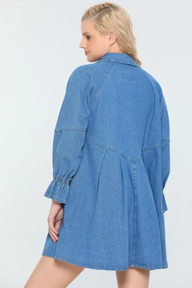 Kadın Oversize Pileli Kolu Lastikli Uzun Jean Ceket Mavi
