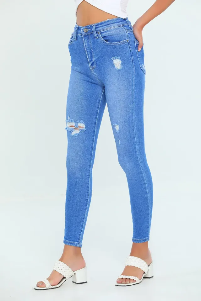 Kadın Lazer Yırtıklı Dar Paça Jeans Pantolon Mavi
