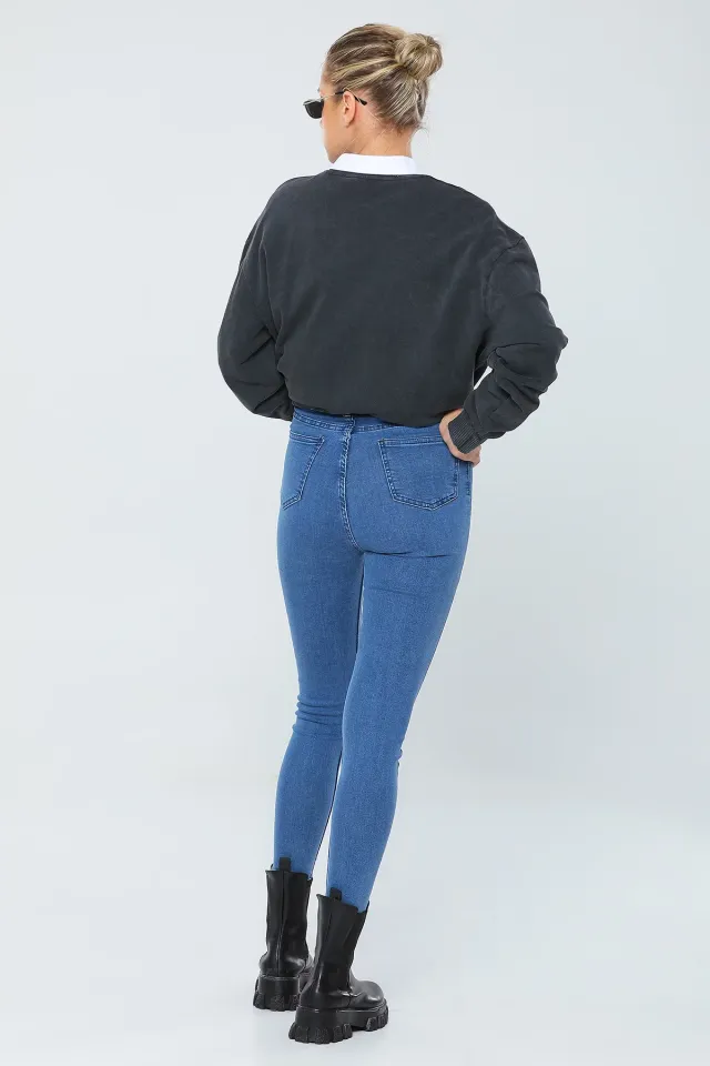 Kadın Likralı Yüksek Bel Jean Pantolon Mavi