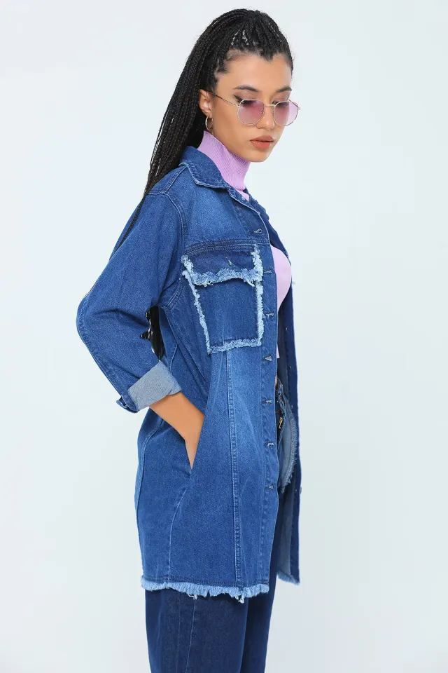 Kadın Likralı Püskül Detaylı Jean Ceket Mavi