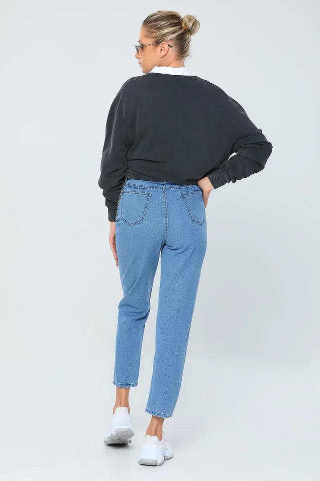 Kadın Yüksek Bel Zincir Detaylı Jean Pantolon Mavi