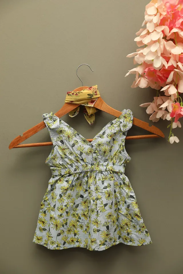 Kız Bebek V Yaka Çiçek Baskılı Sıfır Kol Elbise Mavisarı