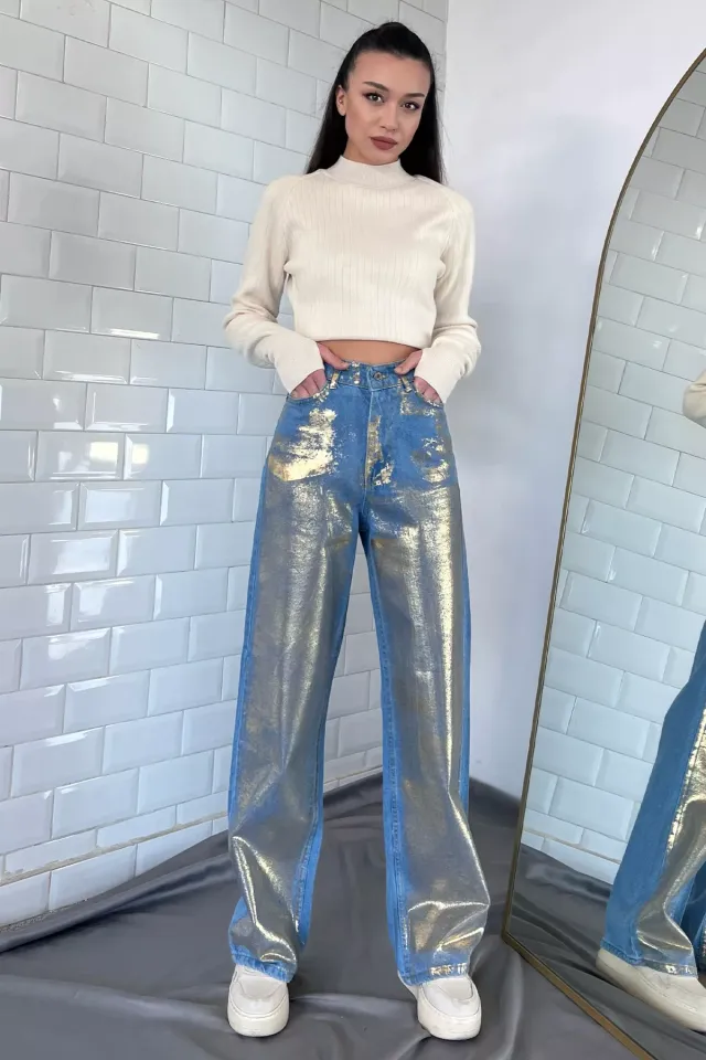 Metalik Baskılı Yüksek Bel Palazzo Kadın Jean Kot Pantolon Mavi