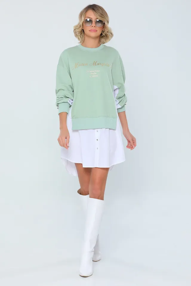 Kadın Oversize Bisiklet Yaka Gömlek Detaylı Sweatshirt Mint