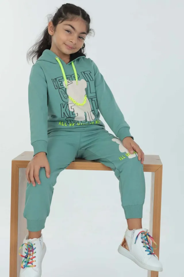 Kız Çocuk Kapüşonlu Baskılı Ön Zincir Detaylı İkili Takım Mint