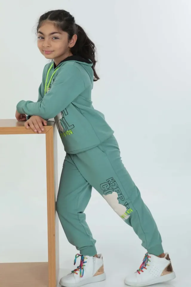 Kız Çocuk Kapüşonlu Baskılı Ön Zincir Detaylı İkili Takım Mint