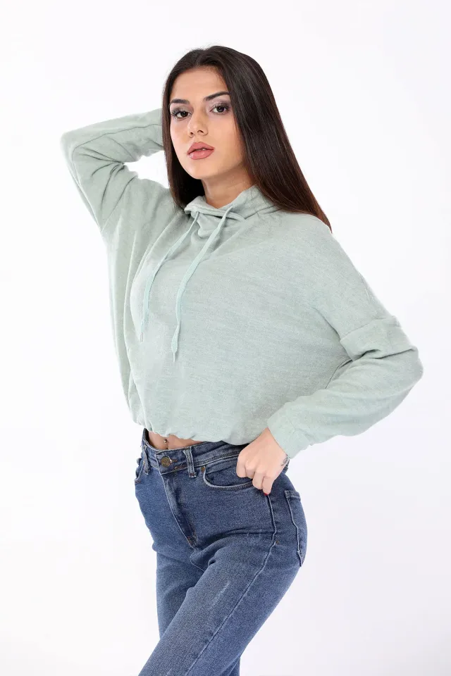 Kadın Kapüşonlu Crop Sweatshirt Mint