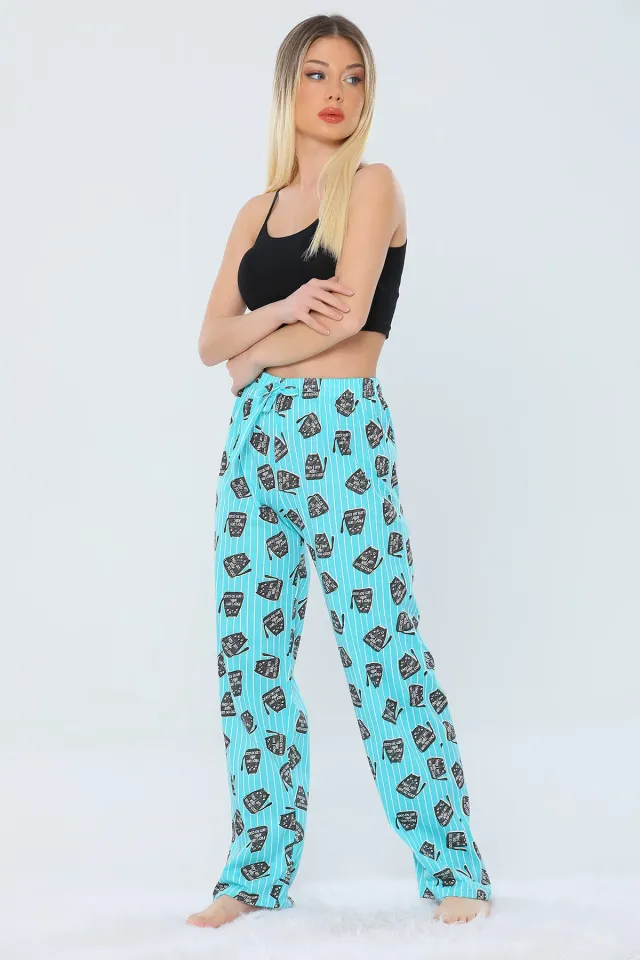 Kadın Likralı Yüksek Bel Desenli Pijama Altı Mint