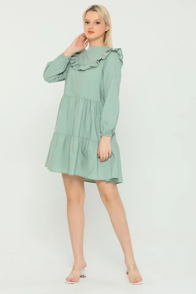 Kadın Ön Arka Fırfırlı Eteği Katlı Salaş Mini Elbise Mint