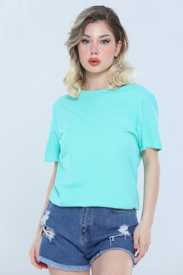 Kadın Oversize Likralı Bisiklet Yaka Basic T-shirt Mint