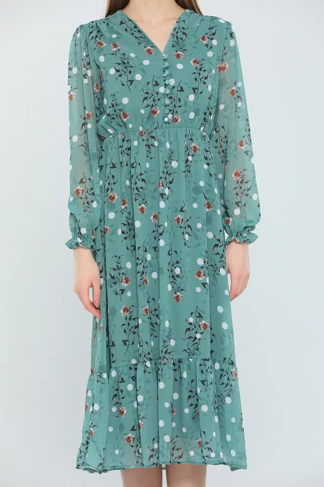 Kadın V Yaka İç Astarlı Çiçek Desenli Şifon Elbise Mint