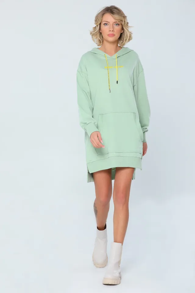 Kadın Oversıze Lıkralı Kapüşonlu Kanguru Ceplı Sweatshirt Mint