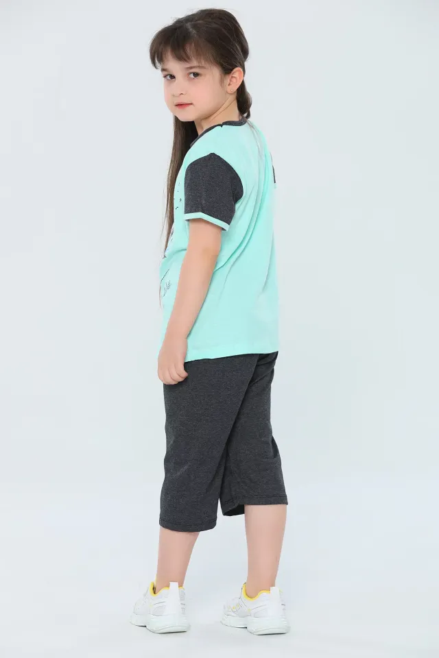 Kız Çocuk Bisiklet Yaka Baskılı T-shirt Kapri İkili Takım Mint