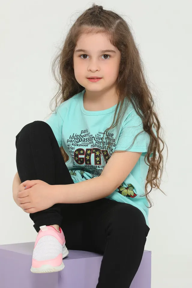 Kız Çocuk Likralı Bisiklet Yaka Baskılı T-shirt Mint