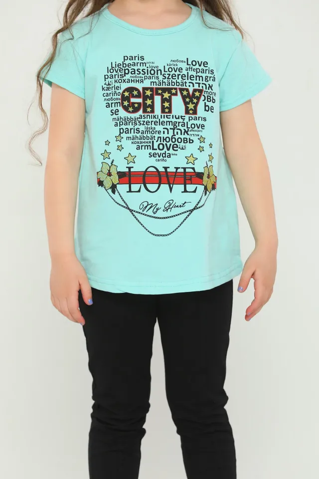Kız Çocuk Likralı Bisiklet Yaka Baskılı T-shirt Mint
