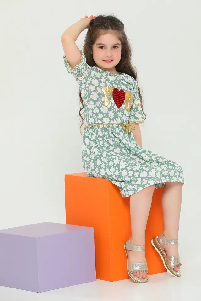 Kız Çocuk Likralı Bisiklet Yaka Desenli Pul Payetli Elbise Mint