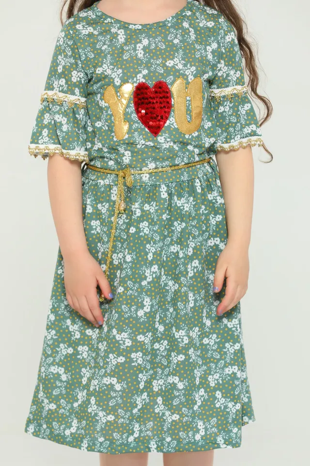 Kız Çocuk Likralı Bisiklet Yaka Desenli Pul Payetli Elbise Mint
