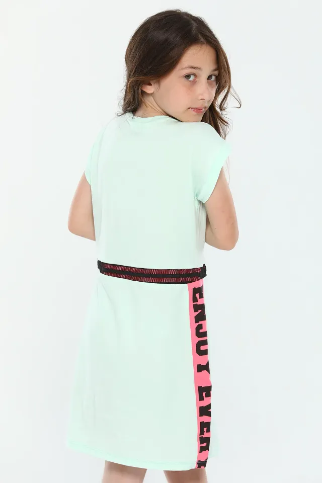Kız Çocuk Likralı Bisiklet Yaka Fileli Bel Detaylı Elbise Mint