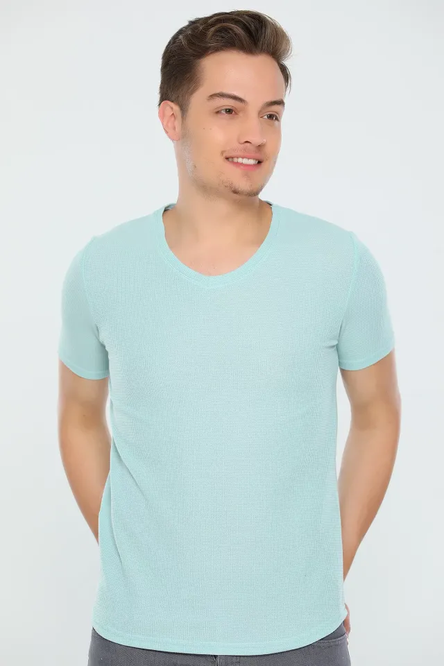 Erkek Likralı V Yaka T-shirt Mint