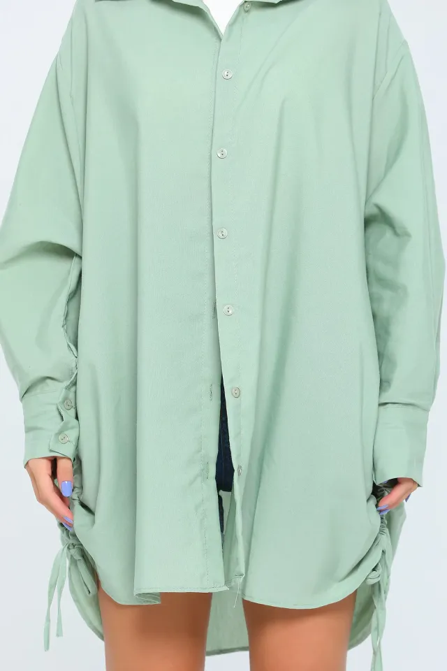 Kadın Oversize Poplin Kumaş Yanı Büzgülü Uzun Basic Gömlek Mint