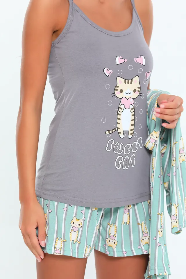 Sweet Cat Baskılı Kadın 4lü Pijama Takımı MintFüme