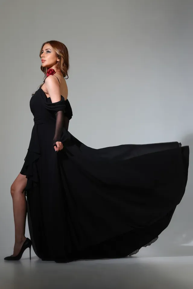 Mişhar İtalia Kadın İp Askılı Yırtmaç Detaylı Uzun Abiye Elbise Siyah