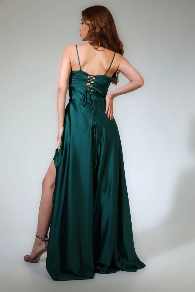 Mişhar İtalia Kadın İp Askılı Yırtmaç Detaylı Uzun Saten Abiye Elbise Yeşil