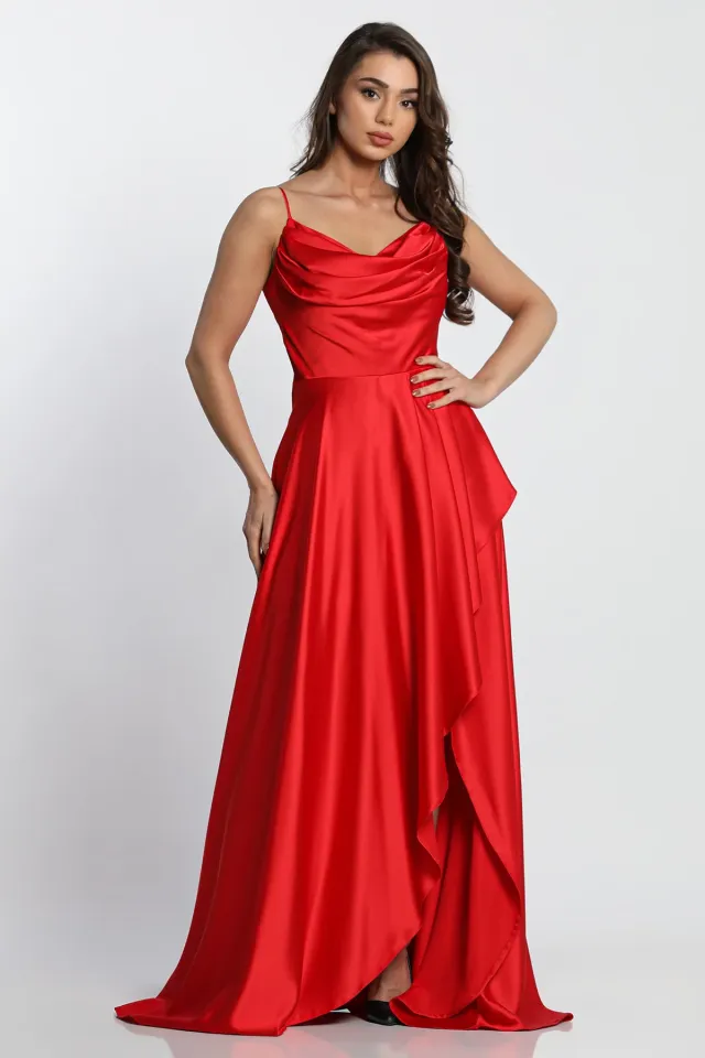 Mişhar İtalia Kadın İp Askılı Yırtmaç Detaylı Uzun Saten Abiye Elbise Kırmızı