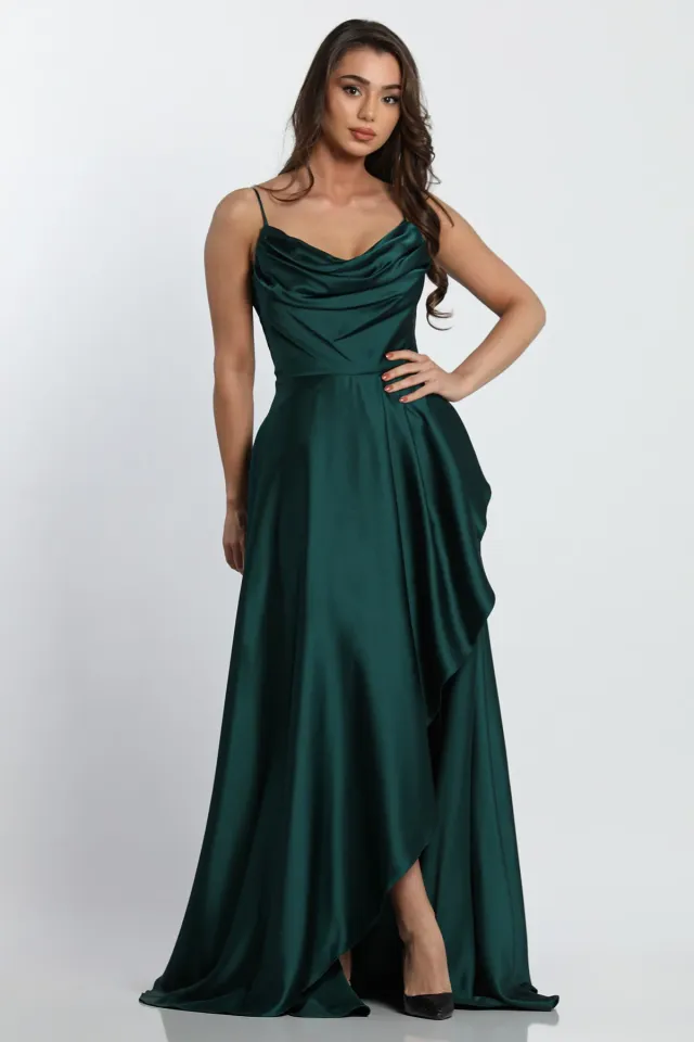 Mişhar İtalia Kadın İp Askılı Yırtmaç Detaylı Uzun Saten Abiye Elbise Yeşil