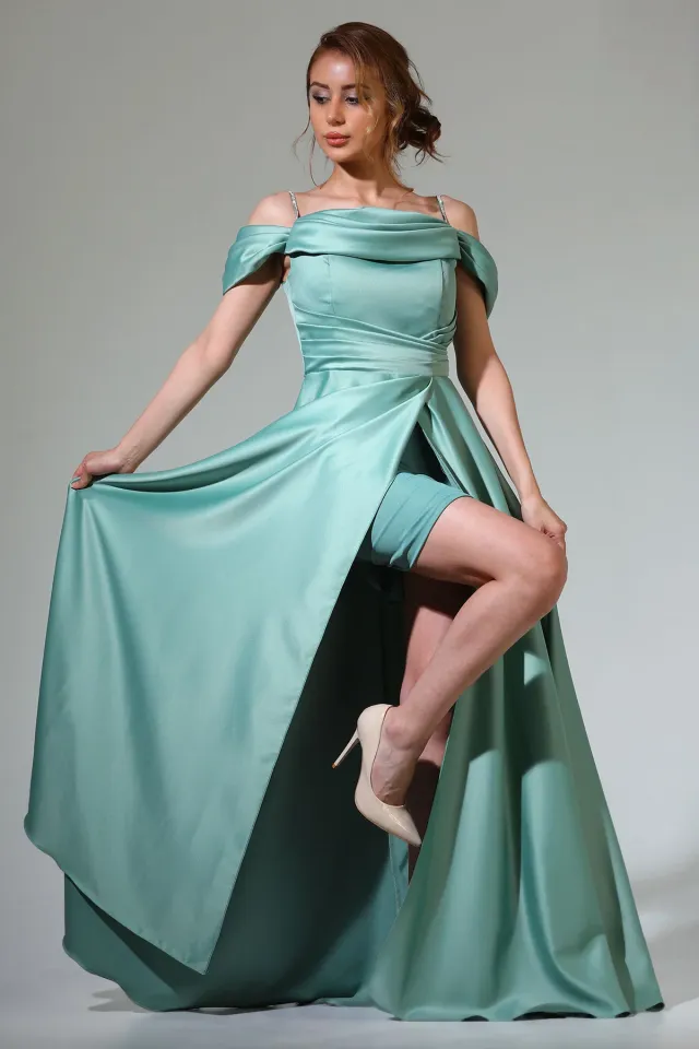 Mişhar İtalia Kadın Ön Drapeli Yırtmaç Detaylı Uzun Saten Abiye Elbise Mint