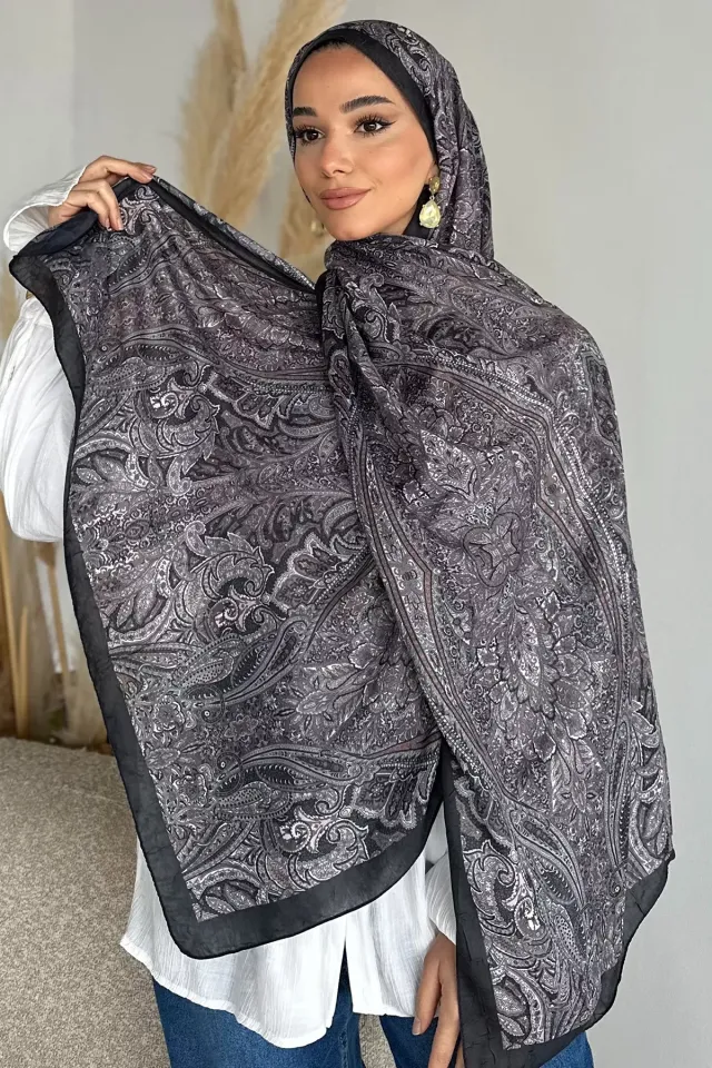 Mismara Tesettür Bambu Desenli Kraş Şal Siyahgri