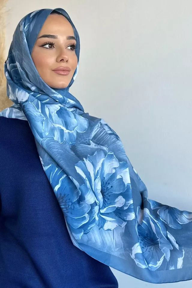 Mismara Tesettür Desenli Şal İndigo