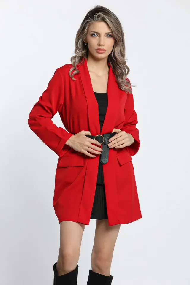Şal Yaka Sahte Cep Detaylı Kol Ucu Katlamalı Kadın Ceket Kırmızı