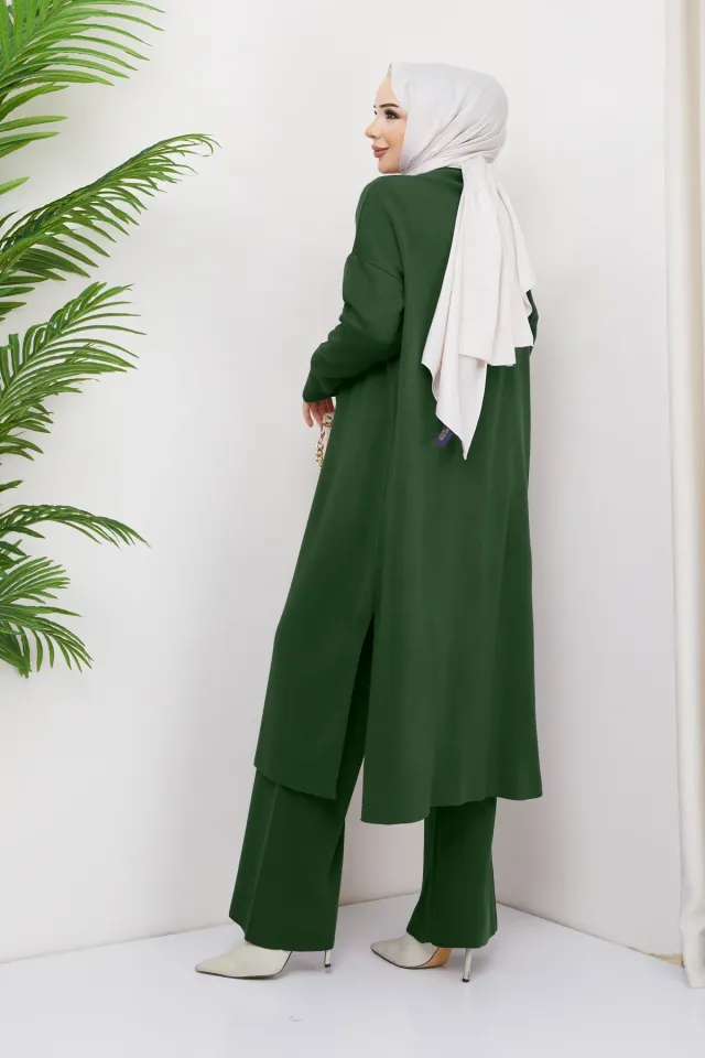 Yaka İşlemeli Triko Bluz Pantolon Hırka Tesettür Üçlü Takım Yeşil